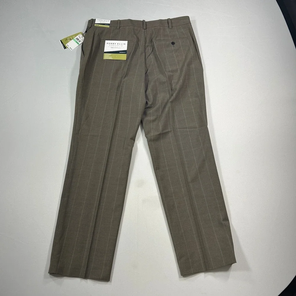 Perry Ellis Dress Pants Mens 34x30 Dark Beige Window‎ Modern-Fit NEW